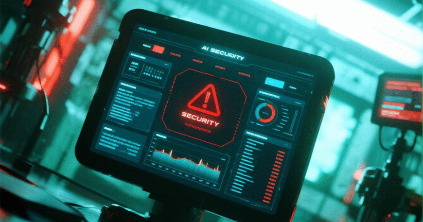 Monitor sistem keamanan dengan peringatan "SECURITY" bercahaya merah dan analitik data, merepresentasikan teknologi keamanan berbasis AI.