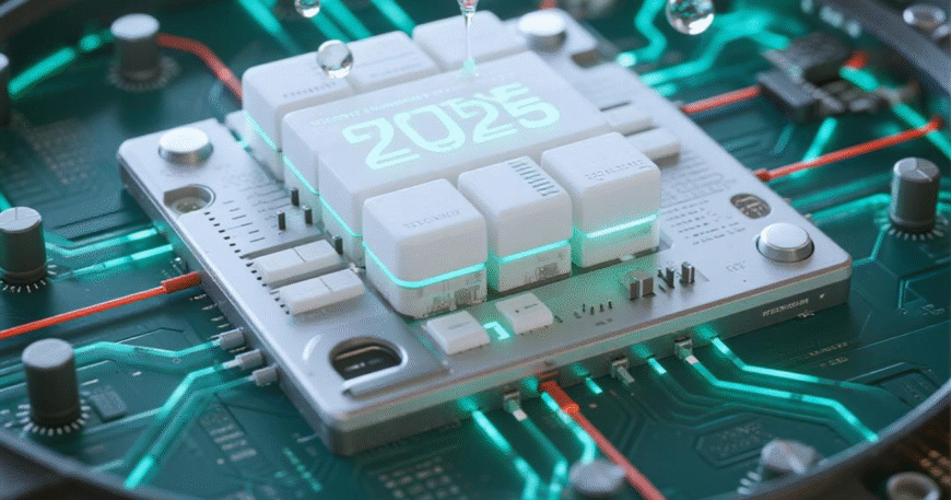Chip komputer futuristik dengan angka tahun 2025 dan tetesan air di atasnya.