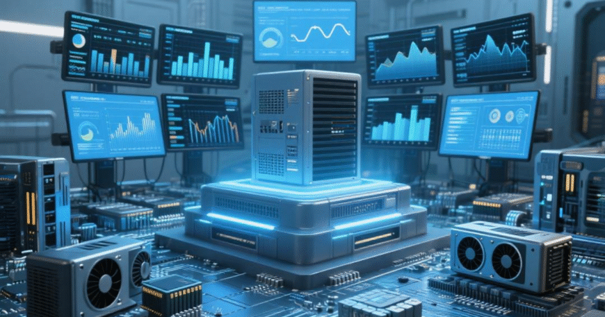 Futuristic data center dengan server utama dan berbagai layar analitik yang menunjukkan data real-time dan visualisasi