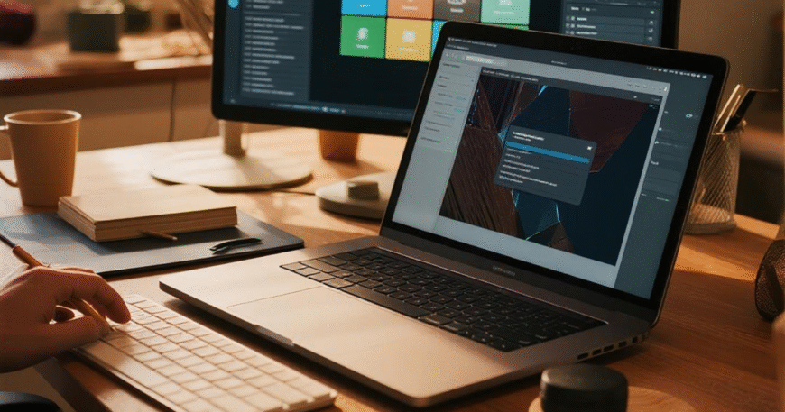 Ruang kerja modern dengan laptop dan monitor, dilengkapi dengan alat tulis dan lampu meja—mewakili produktivitas di era digital