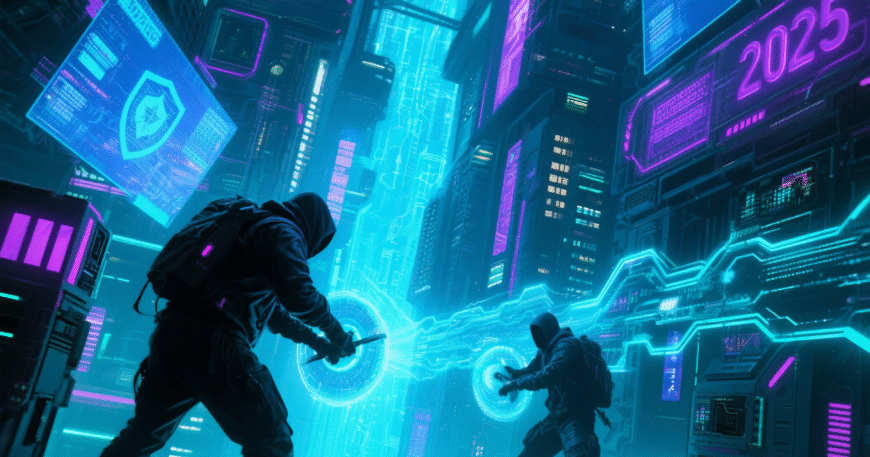 Ilustrasi futuristik dengan dua individu bertopeng yang berhadapan di lingkungan kota cyber dengan efek cahaya neon.