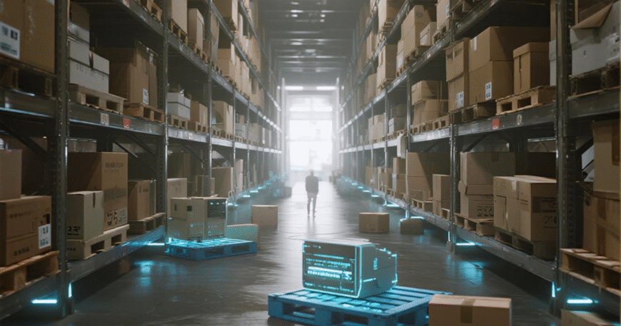 sebuah gudang dengan rak penuh kotak dan palet yang menonjolkan elemen teknologi futuristik.