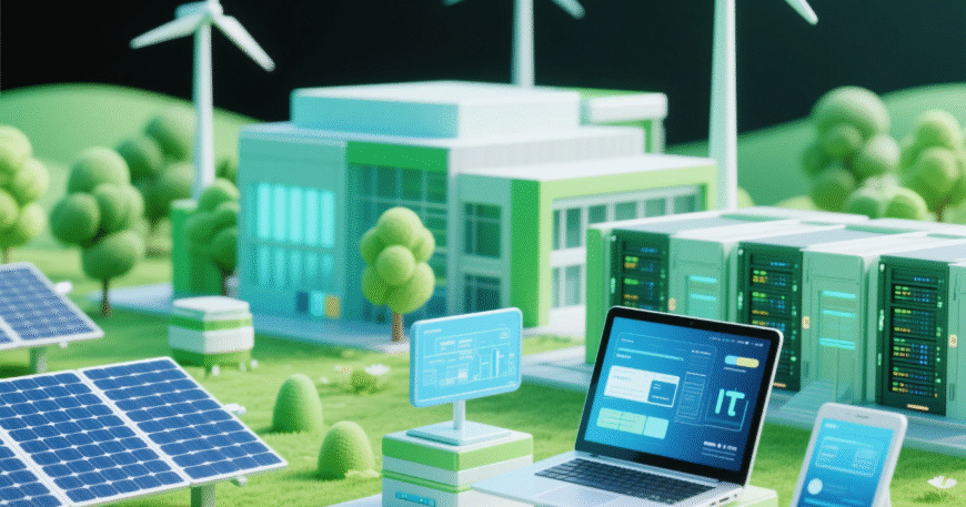 Ilustrasi 3D yang cerah tentang pengaturan teknologi berkelanjutan dengan panel surya, turbin angin, dan pusat data modern.