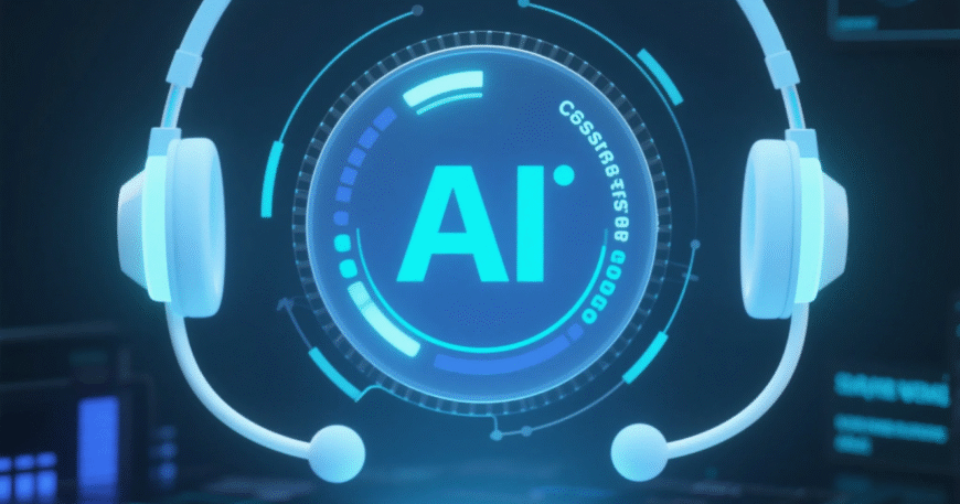 Ilustrasi futuristik dengan headset dan simbol "AI" yang bersinar di latar belakang teknologi digital.