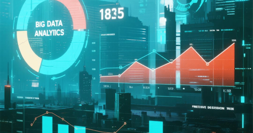 Ilustrasi data analitik besar dengan grafik dan informasi digital di latar belakang kota futuristik.