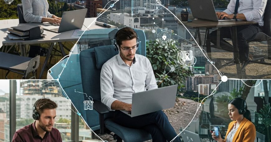 kolase orang-orang yang bekerja di berbagai lokasi dengan laptop, dilengkapi headset dan visual data digital.