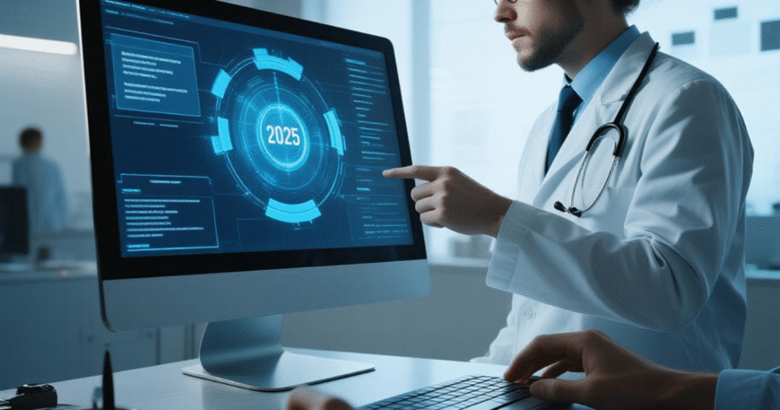 Seorang profesional medis berdiri di depan komputer, menunjukkan data futuristik di layar dengan informasi tahun 2025.