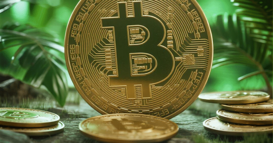 Koin Bitcoin berdiri di antara koin-koin lainnya di latar belakang hijau alami.