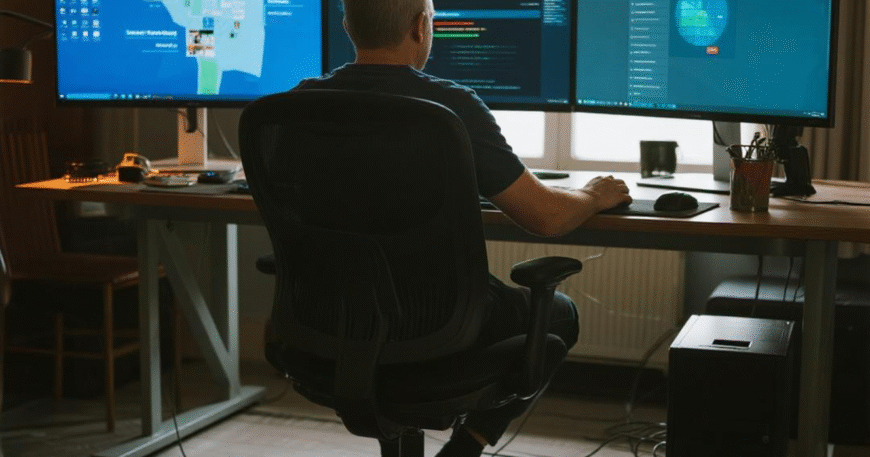 Seorang programmer duduk di belakang meja dengan tiga monitor yang menampilkan data dan kode.