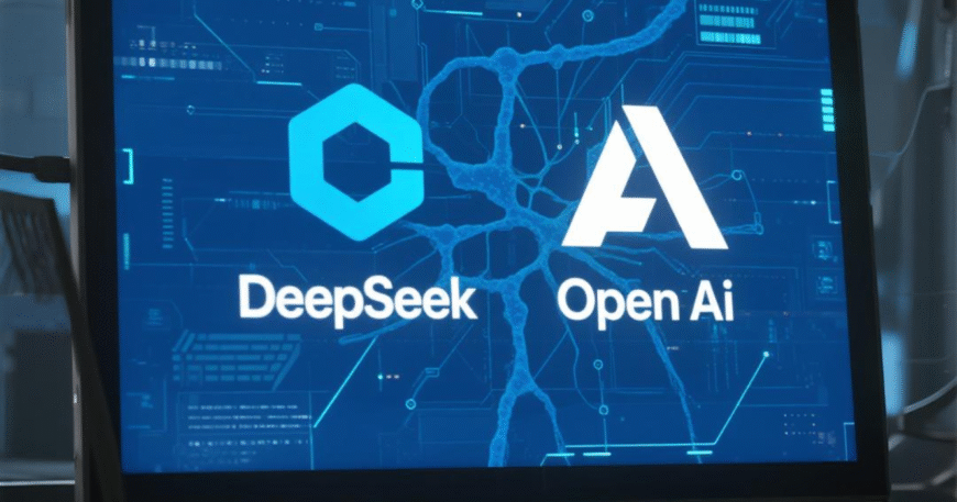 Logo DeepSeek dan OpenAI ditampilkan di layar laptop dengan latar belakang digital futuristik.