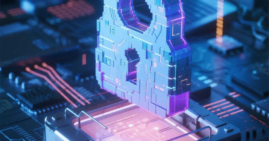 Gambar kunci digital yang terangkat di atas sirkuit komputer dengan cahaya neon.