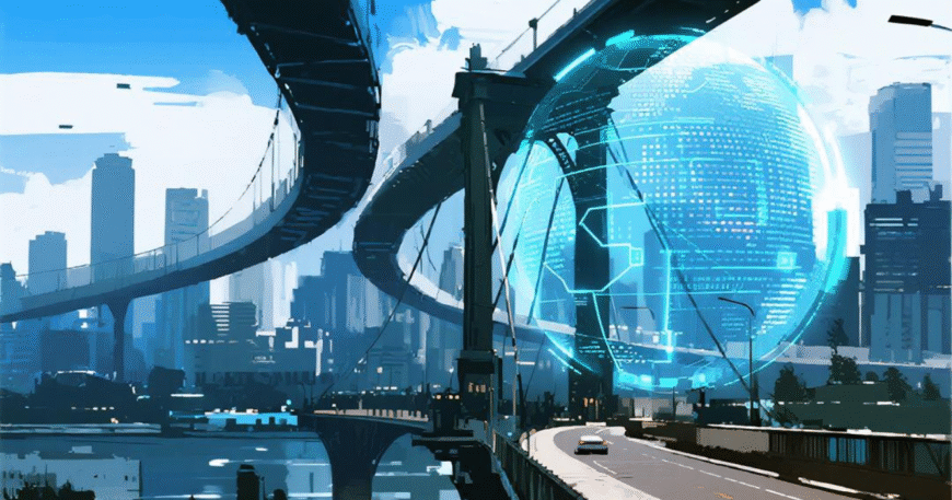 Pemandangan kota futuristik dengan jembatan melengkung dan globe holografik di atas gedung-gedung tinggi.