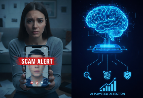 Seorang wanita cemas memegang smartphone dengan panggilan video deepfake yang diberi label "SCAM ALERT" di sisi kiri, sementara di sisi kanan ada gambar otak neon biru yang terhubung dengan fitur deteksi AI.