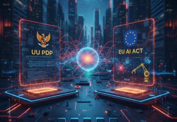 Dua antarmuka holografik yang mewakili UU PDP Indonesia dan EU AI Act, terhubung oleh bola energi bercahaya, dikelilingi oleh ikon yang menggambarkan finansial, di latar belakang kota futuristik.