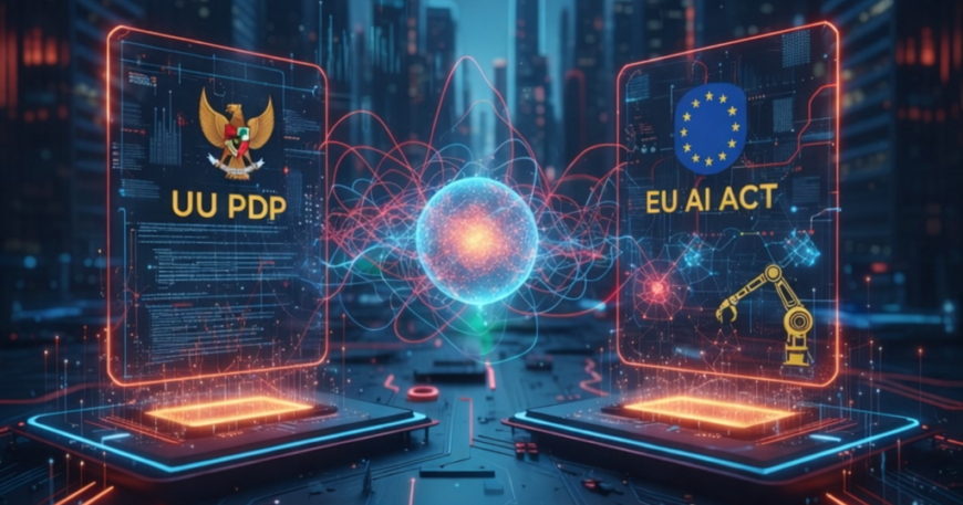 Dua antarmuka holografik yang mewakili UU PDP Indonesia dan EU AI Act, terhubung oleh bola energi bercahaya, dikelilingi oleh ikon yang menggambarkan finansial, di latar belakang kota futuristik.