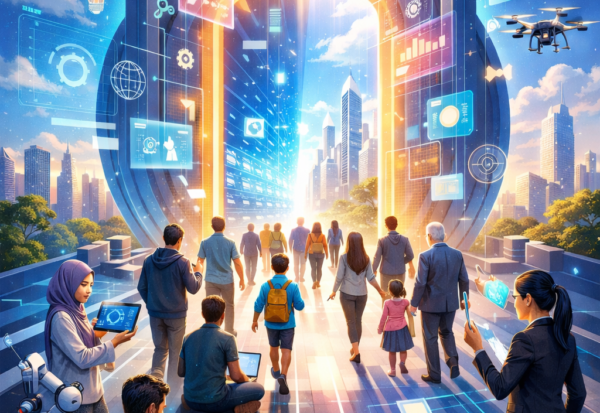 Antarmuka Visual: Membuka Gerbang Inovasi untuk Semua Orang Sekelompok orang yang beragam mendekati gerbang bercahaya menuju kota futuristik dengan tampilan teknologi holografis, mewakili inovasi dan persatuan.