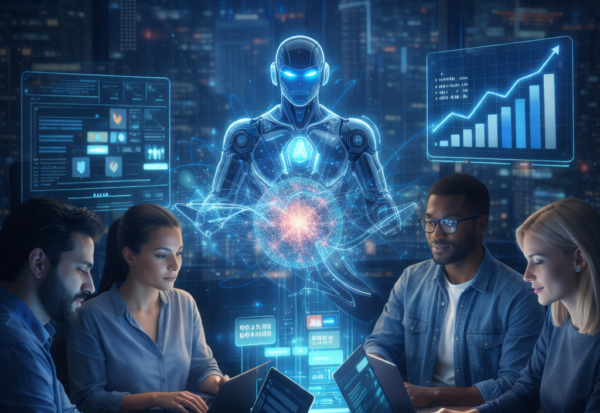 Empat profesional teknologi dari berbagai latar belakang bekerja bersama di meja, dengan AI hologram bercahaya sebagai co-pilot, dikelilingi oleh visualisasi data seperti grafik dan diagram.