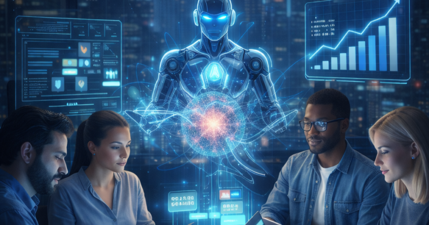 Empat profesional teknologi dari berbagai latar belakang bekerja bersama di meja, dengan AI hologram bercahaya sebagai co-pilot, dikelilingi oleh visualisasi data seperti grafik dan diagram.