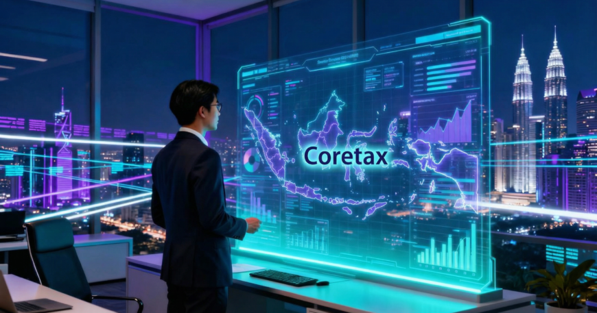 Analis pajak melihat dashboard digital Coretax menampilkan peta Indonesia dan grafik data perpajakan di kantor modern malam hari