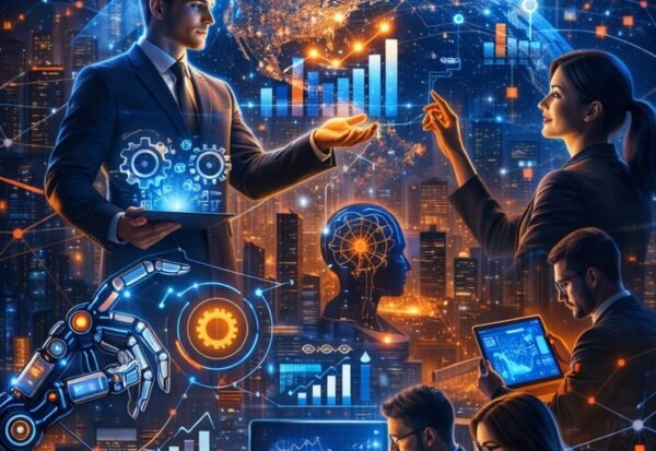 Transformasi Digital: Lebih dari Sekadar Teknologi, Sebuah Strategi Bisnis transformasi digital: para profesional bisnis berinteraksi dengan tampilan holografik, grafik pertumbuhan, ikon cloud, AI, e-commerce, dan analitik di atas latar kota futuristik dengan globe digital yang saling terhubung.