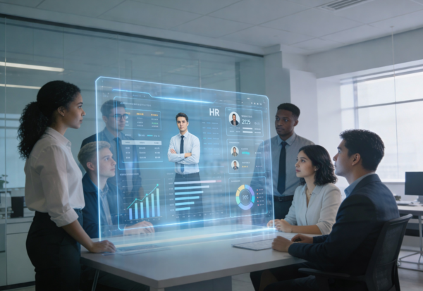 Transformasi Sistem HRIS 2026 – Solusi Digital untuk SDM Modern Tim profesional sedang berdiskusi di ruang kantor modern dengan tampilan holografik sistem HR digital di depan mereka.
