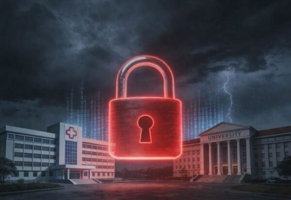 Waspada Serangan Ransomware Double Extortion di Sektor Pendidikan dan Kesehatan Indonesia Ilustrasi gembok digital merah dengan latar gedung universitas dan rumah sakit yang menggambarkan ancaman serangan ransomware double extortion pada sektor pendidikan dan kesehatan di Indonesia.